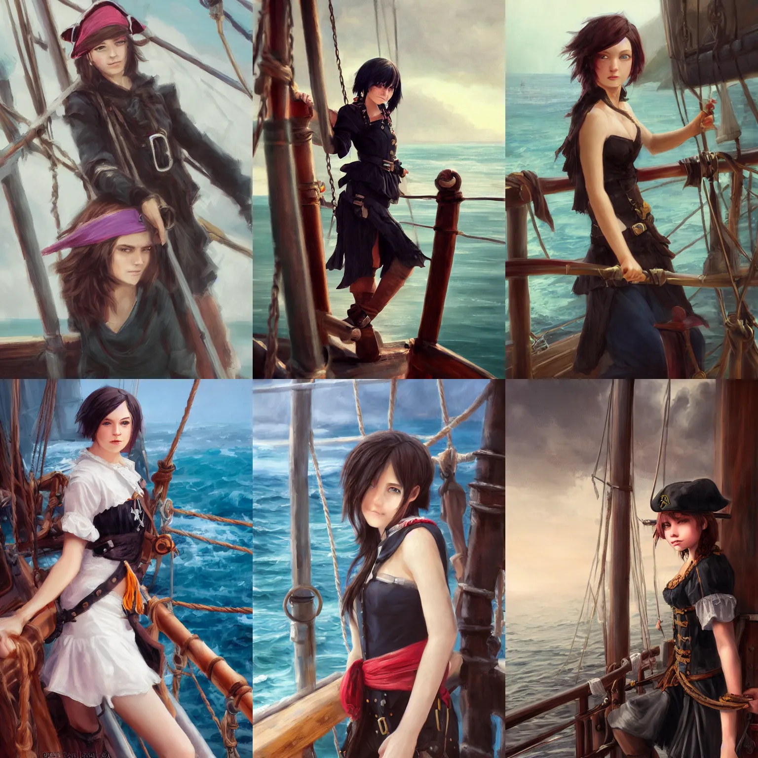 Prompt: a portrait of a cute female pirate with black bob cut hair leaning against the railing of an sailing ship, pirate setting, sails, ocean, mist, vivid colors, soft lighting, atmospheric, cinematic, moody, in the style of Krenz Cushart, oil on canvas, 8k