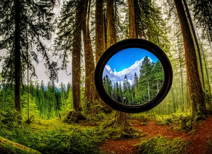 Prompt: photo of a crystal mirror that is a portal to another magical world. Forest in the background. Fantasy magic style. Highly detailed 8k. Intricate. Nikon d850 55mm. Award winning photography.