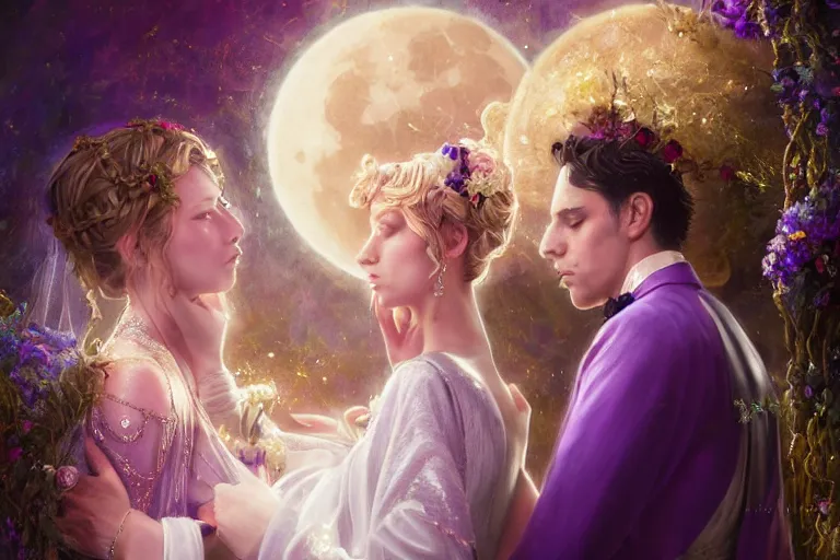 Image similar to a dreamlike cinematic portrait of wedding photograph close up moment of a divine a russian sun god and moon goddess lovers magician at a wedding banquet. portraiture. digital painting. artstation. concept art. fantasy wedding photo. digital painting, 8 k realistic, hyper detailed, violet evergarden art masterpiece by art by krenz cushart