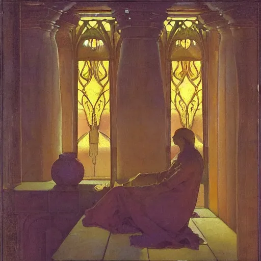 Prompt: Your Loneliness is killing me by Annie Swynnerton and Nicholas Roerich and jean delville, glowing paper lanterns, strong dramatic cinematic lighting , ornate tiled architecture, lost civilizations, smooth, sharp focus, extremely detailed