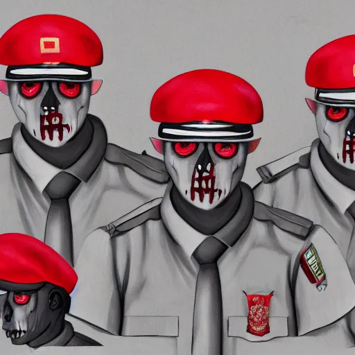 Prompt: ( ( beige ) ) uniform and caps ( red skin zombie ) ranger officers ( background brutalist gray concrete office ) trending on artstation high detail digital painting 4 k 8 k hd accurate glow red