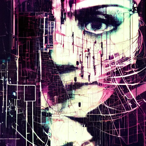 Prompt: glitchcore portrait of a cybercity dreamer, wires, machines, in a dark future city by jeremy mann, francis bacon and agnes cecile, and dave mckean ink drips, paint smears, digital glitches glitchart