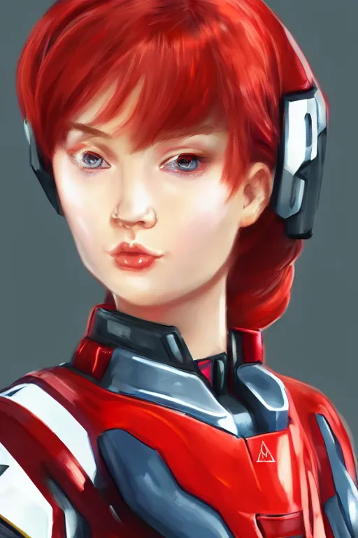 Prompt: a girl sodier with beautiful face, red hair, wearing gundam mobile suite with glass helmet, ted zhang style, artstation