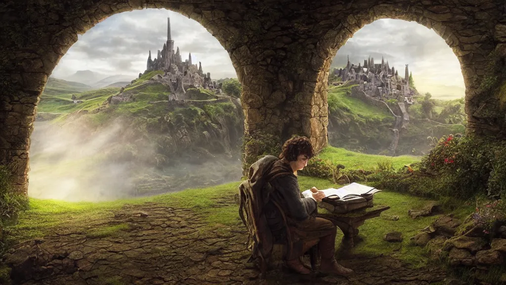 Image similar to frodo writing in his journal in bag end at the end of his journey, hobbiton visible through a window, by alan lee, michal karcz, smooth details, lord of the rings, game of thrones, smooth, detailed terrain, oil painting, trending artstation, concept art, fantasy matte painting