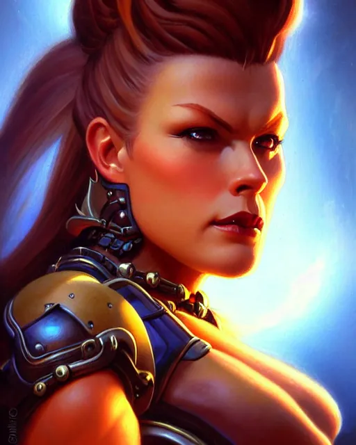 Image similar to brigitte from overwatch, fantasy, fantasy art, character portrait, portrait, close up, highly detailed, intricate detail, amazing detail, sharp focus, vintage fantasy art, vintage sci - fi art, radiant light, caustics, by boris vallejo