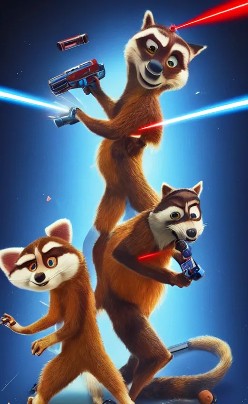 Image similar to “red racoon holding laser gun facing off with blue racoon holding laser gun, cinematic, dramatic in the style of zootopia”