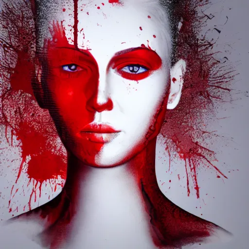 Prompt: dripping red paint across the shape of a female human, realistic , high detail, on a white background