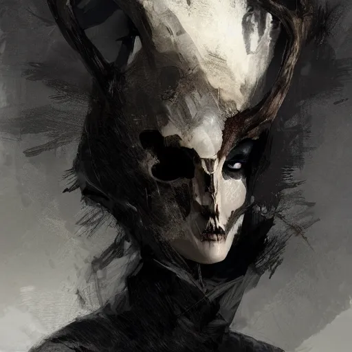 Prompt: portrait of a character wearing a black cloak, with a white mask in the shape of a deer skull, the mask covers her entire face, there are no antlers, dramatic lighting, illustration by Greg rutkowski, yoji shinkawa, 4k, digital art, concept art, trending on artstation