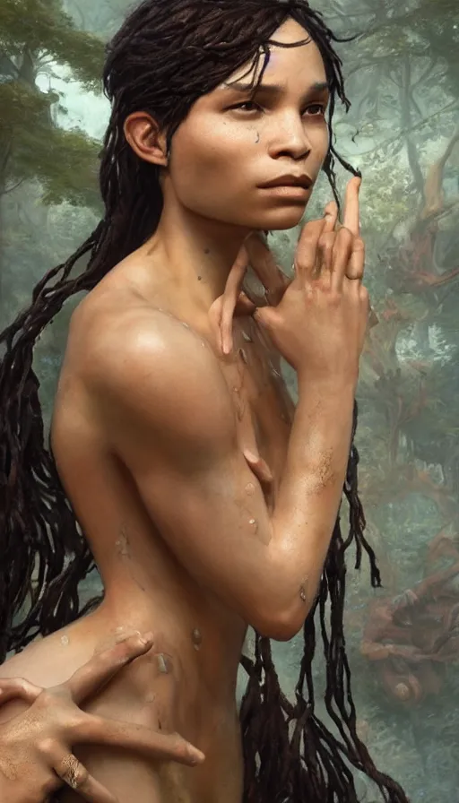 Image similar to epic masterpiece zoe kravitz, sweaty skin, hyperrealistic, octane render, cinematic, beautiful face and flawless skin, perfect hands, 5 fingers, by edgar maxence and ross tran and michael whelan, legends of runeterra