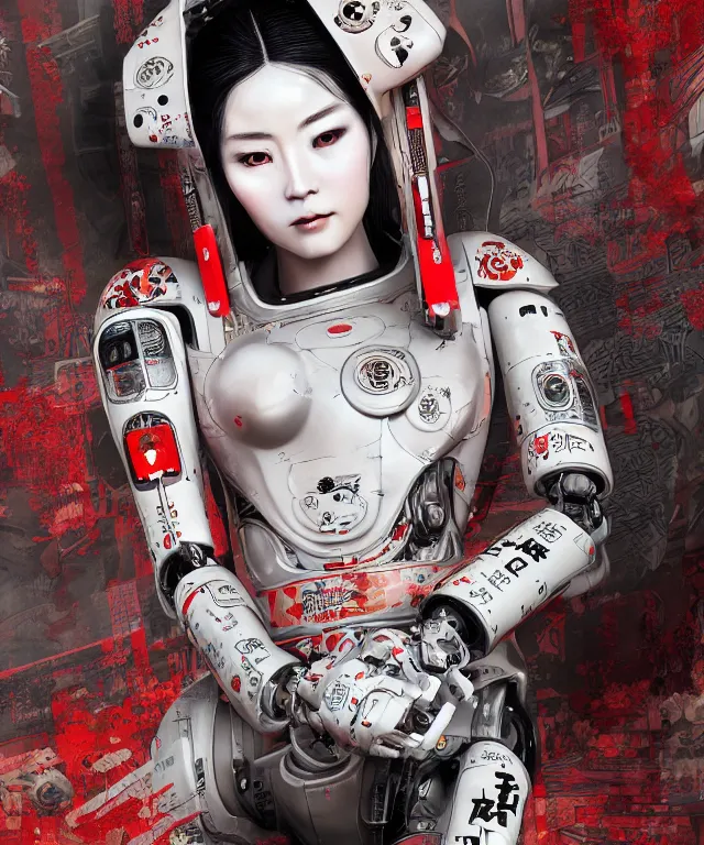 Image similar to an epic fantastic realism comic book style portrait painting of a japanese robotic geisha with kanji tattoos and decals, apex legends, octane render, intricate detail, 4 k hd, unreal engine 5