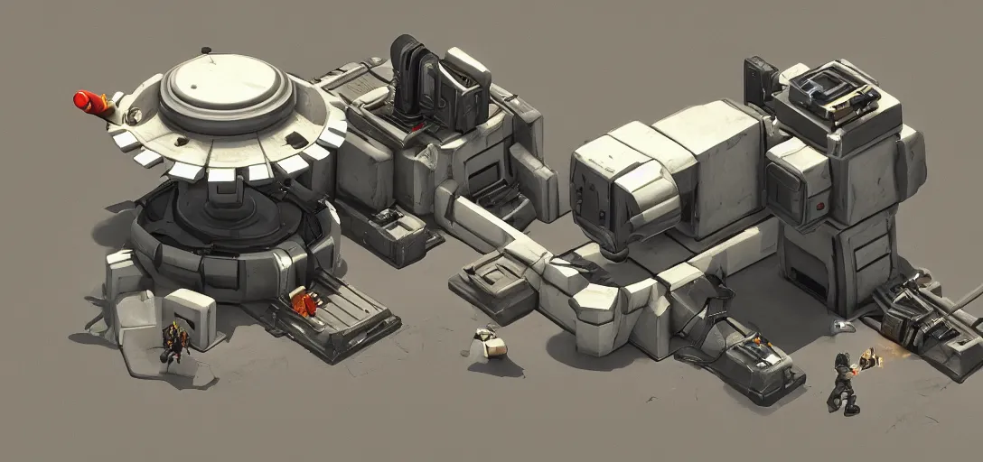 Image similar to Isometric 3d high octane render of a ta turret from Portal 2 Game