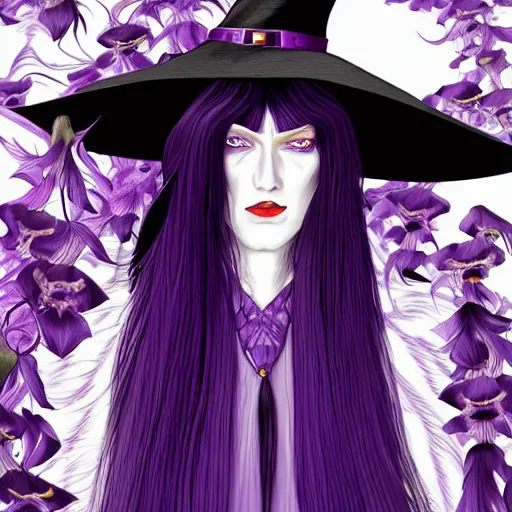 Prompt: a digital copic maker portrait of a beautiful witch with long purple hair, black witch hat, haunting purple irises, detailed features, by balenciaga and issey miyake by ichiro tanida and mitsuo katsui