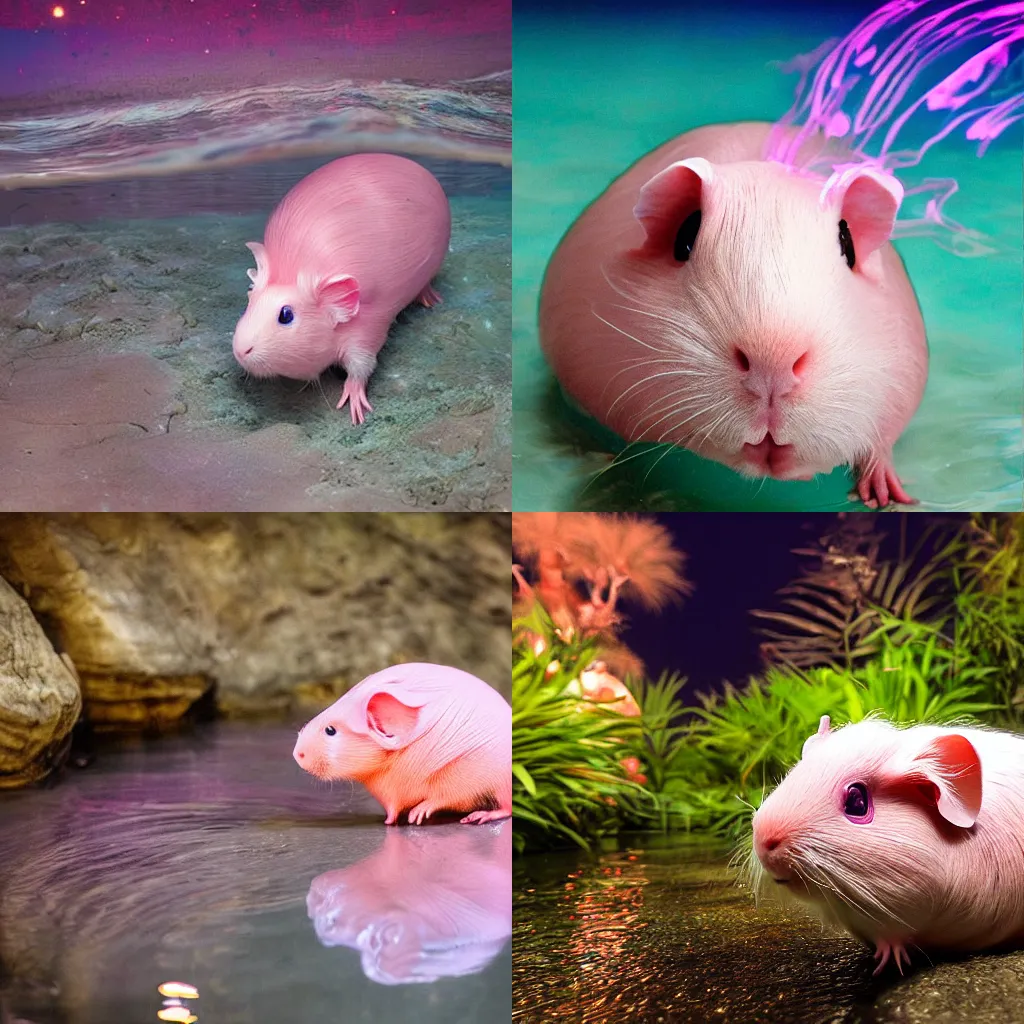 Prompt: real life pink hairless guinea pig emerging from bioluminescent water by michael garmash and katsuhiro otomo, rule of thirds, animal photography beautiful