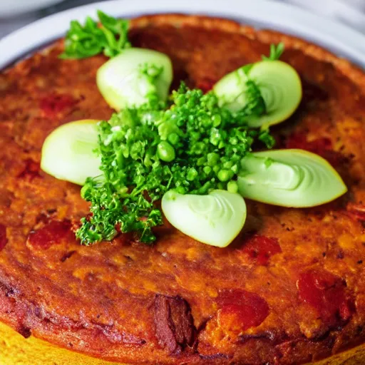 Prompt: close view of a beautiful and delicious chorizo cake piece, chorizo slices on top, 4 k