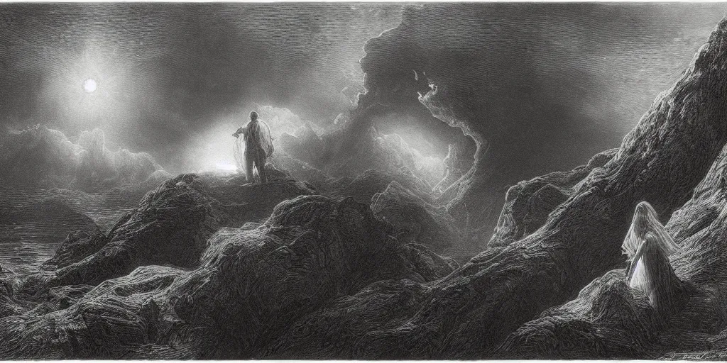 Prompt: Concept Art of cinematography of Terrence Malick film by Gustave Doré