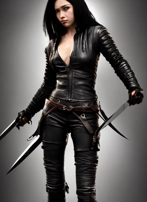 Prompt: black haired woman in a leather jacket, a sword fight, action pose, movie scene, highly detailed, intricate, face enhance, long sharp intricate sword, trending on artstation, action pose