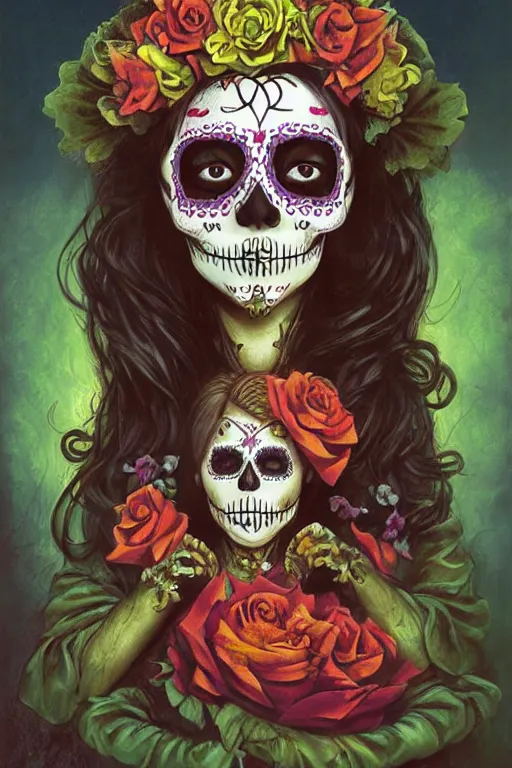 Prompt: Illustration of a sugar skull day of the dead girl, art by Justin Gerard