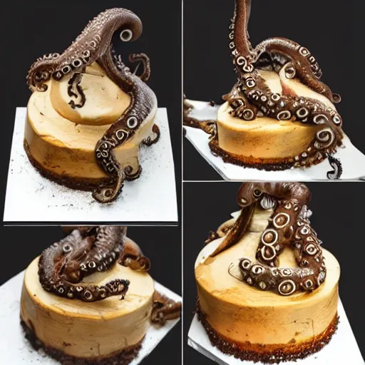 Prompt: a cake made of octopus tentacles, food photography