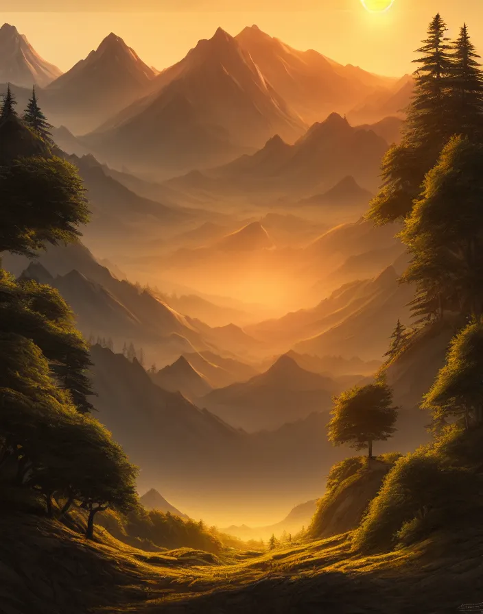 Image similar to Landscape representing a forest with mountains on the sides and a large kaje in the middle with the sun on the horizon, hyperdetailed, artstation, cgsociety, 8k