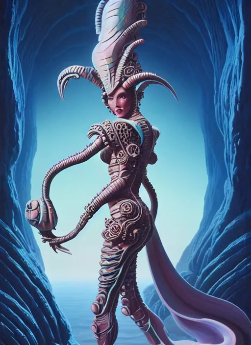 Prompt: photo of a cute alien woman wearing ornate plastic armor in the style of roger dean and alberto vargas and stefan kostic, realistic, sharp focus, 8 k high definition, insanely detailed, intricate, elegant, art by greg rutkowski and artgerm, extreme blur coral reef background