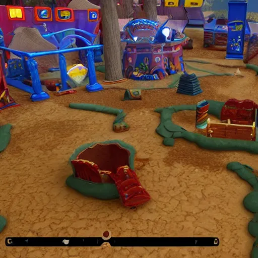 Image similar to gameplay screenshot of a mcdonald's playplace in elden ring