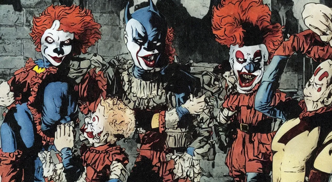 Prompt: pennywise giving batman a high five