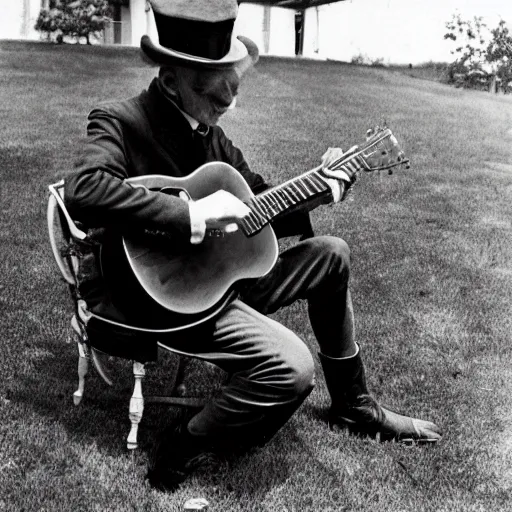 Image similar to vintage photograph of count orlok crouched on the lawn outside his castle, playing the blues on guitar, 4 k