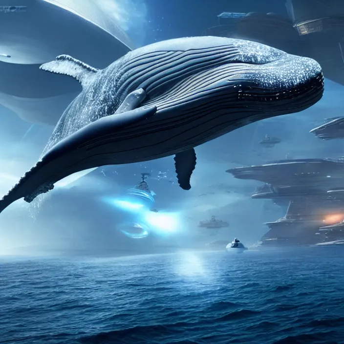 Image similar to Huge whale-shaped cybership, hard sci-fi,global illumination, physically based rendering, photoreal, small details, intricate, science fiction fantasy