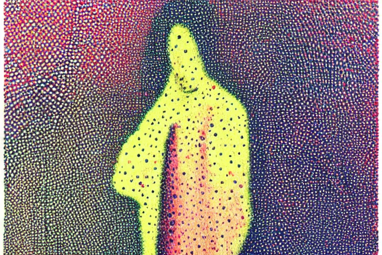 Image similar to anxiety, faceless people dark, dots, drip, stipple, pointillism, technical, abstract, minimal, style of francis bacon, asymmetry, pulled apart, cloak, eerie, made of dots, abstract, balaclava mask, colored dots, sploch