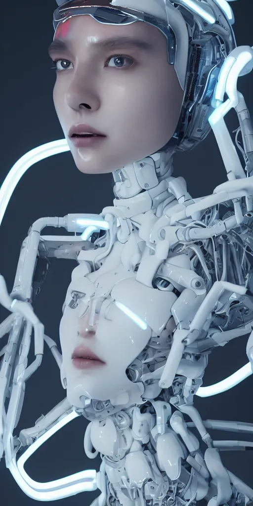 Image similar to white one cast futuristic biomechanics futuristic humanoid, beautiful face, female, futuristic, neon lights, cyberpunk, 8 k, digital painting, by beeple and makoto shinkai, trending on cg society, glamour pose, fashion photography, high fashion, canon r 3, photorealistic, hyper realistic, full body, wide angle shot