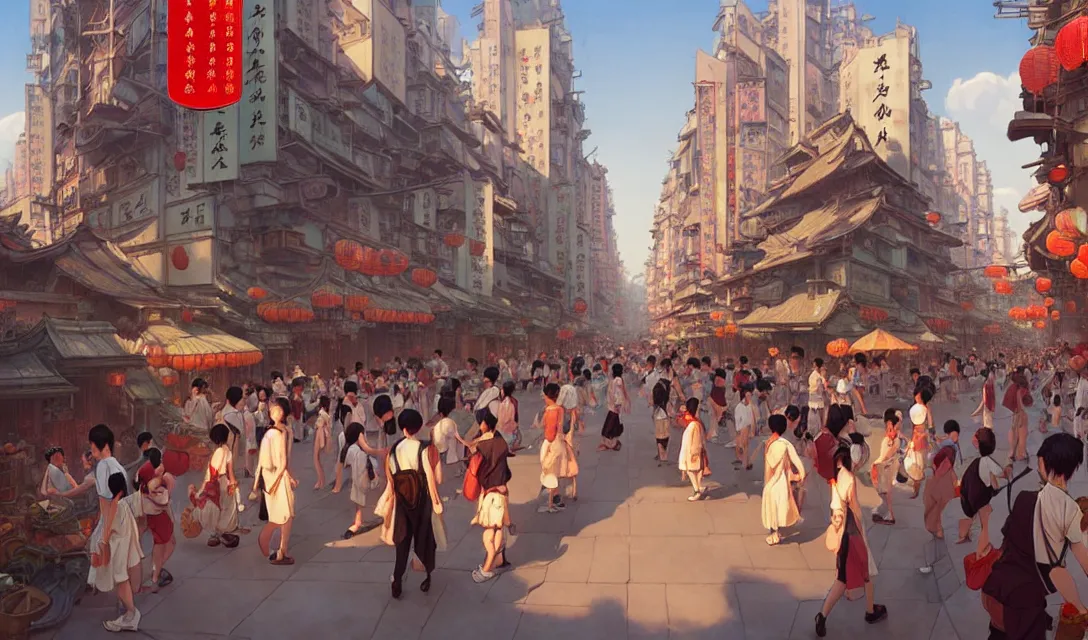 Image similar to busy chinese city, summer, in the style of studio ghibli, j. c. leyendecker, greg rutkowski, artem