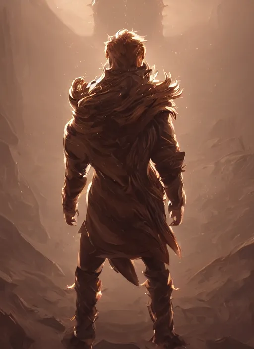 Prompt: a highly detailed illustration of thick wavy brown haired young white guy wearing brown coat and face mask, black mechanical arms rising from his back, dramatic standing pose, intricate, elegant, highly detailed, centered, digital painting, artstation, concept art, smooth, sharp focus, league of legends concept art, WLOP