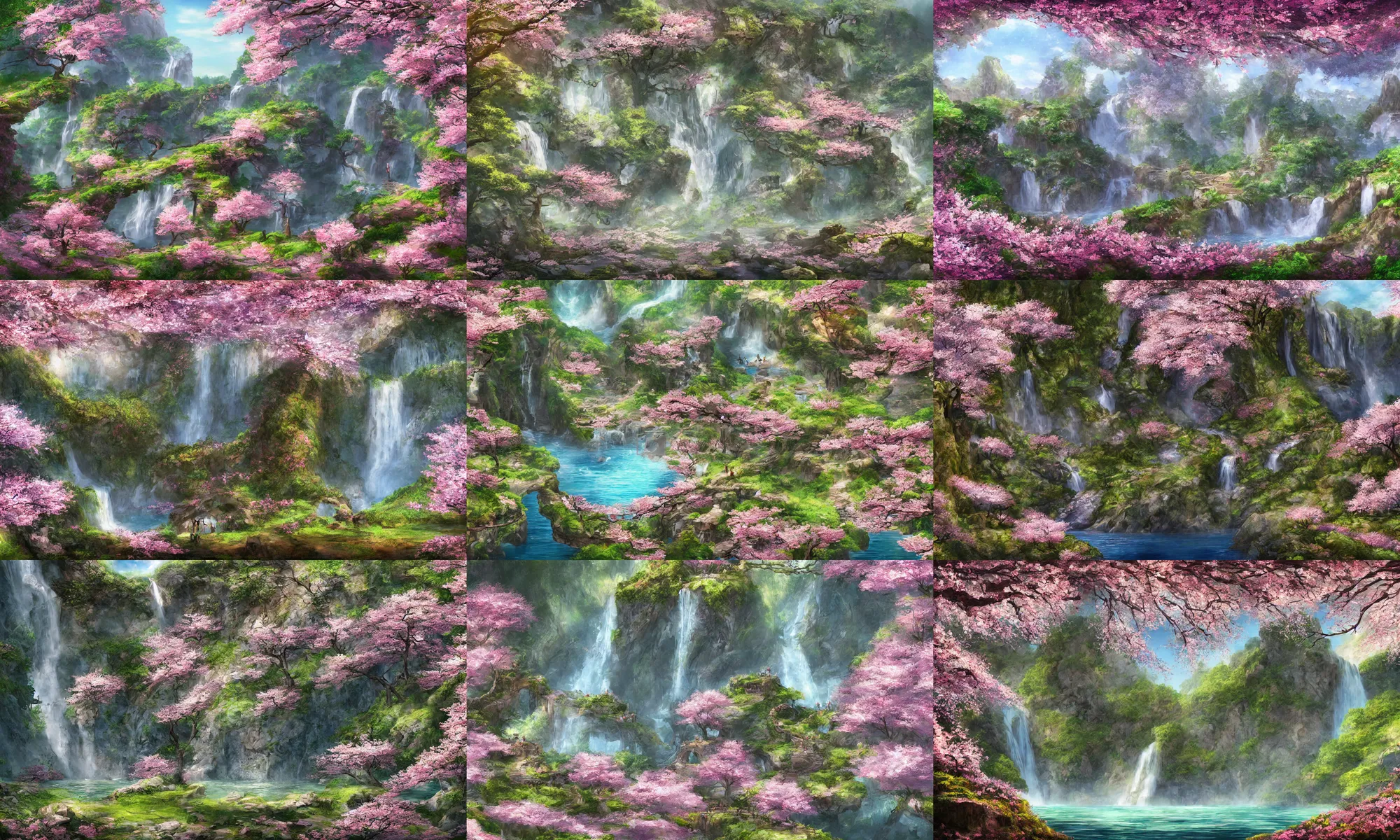 Image similar to beautiful enclosed area surrounded by cliffs with waterfalls and a big cherry blossom tree in the center, concept art, digital art, highly detailed