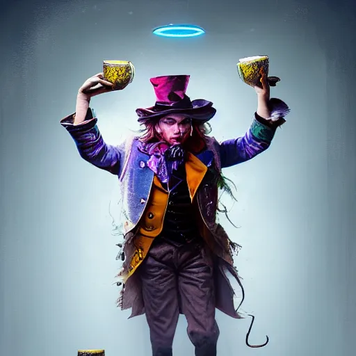 Image similar to The Mad Hatter, huggy wuggy from poppy playtime video game, fullbody, ultra high detailed, glowing lights, oil painting, Greg Rutkowski, Charlie Bowater, Beeple, unreal 5, DAZ, hyperrealistic, octane render, RPG portrait, dynamic lighting, fantasy art, beautiful face