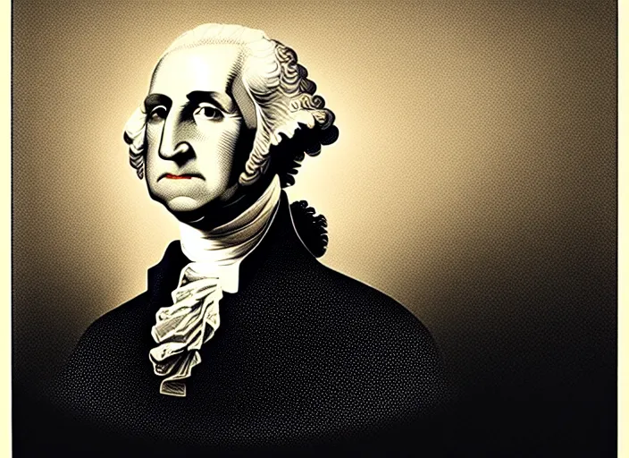 Prompt: portrait of George Washington in front of modern american capitol building, Mads Berg, Karolis Strautniekas,small finely stippled light, dramatic lighting,fine texutre editorial illustration, detailed, matte print, film noir, dynamic composition,moody, red, dark blue, beige, black