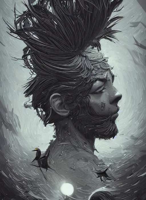 Image similar to beauty boy with a crows nest on his head, cruelty, black crows, light effect, hyper detailed, intricate, elegant, highly detailed, digital painting, rule 3 4, artstation, concept art, matte, sharp focus, illustration, by dan mumford, yusuke murata, makoto shinkai, ross tran