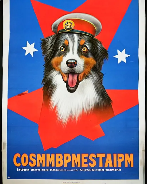 Image similar to communist propaganda poster of an australian shepherd soldier, communist china art