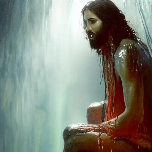 Image similar to painting of Jesus wading through a murky pool in a dark cave, surrounded by a vivid silver light, flowing royal robes with goly inlay, blood dripping from his hair, stern expression with a chiseled jaw and fiery eyes, by Jeremy Mann, stylized, detailed, realistic, loose brush strokes, intricate, cold