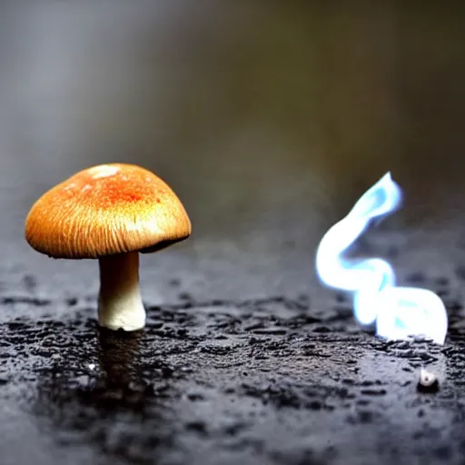 Prompt: mushroom smoking cigarette in the rain