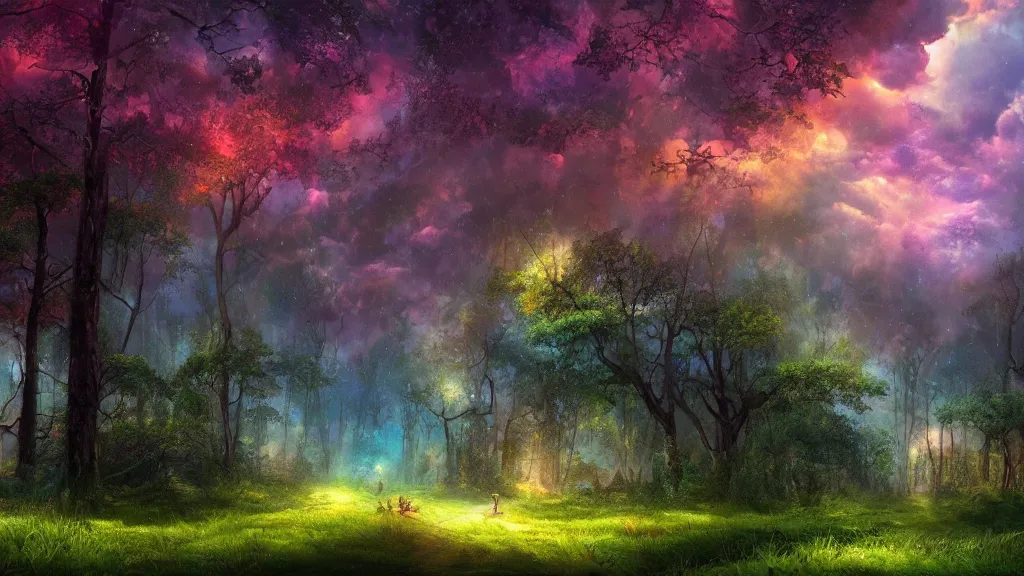 Prompt: Beautiful Summer storm in the woods” Beautiful Dreamscape, Digital art, concept art, detailed, lovely colors, Art station,3-D 4K, beautiful background, matte painting, ,