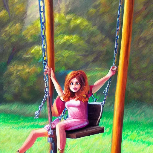 Image similar to A hyperdetailed digital oil painting of A girl is playing on a swing,cartoon, Trending on ArtStation and DeviantArt
