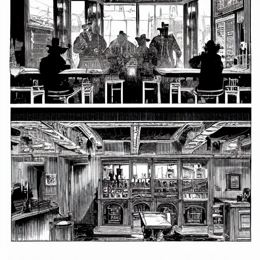 Prompt: interior of a 1 9 th century western american tavern, the bar, many bottles of wine, cimenatic, dramatic lighting, mystery and cool, ultra - wide view, westworld style, by moebius, katsuhiro otomo, tsutomu nihei, laurie greasley