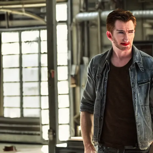 Image similar to first photos of 2 0 2 4 machinist remake - scrawny and gaunt chris evans, ( eos 5 ds r, iso 1 0 0, f / 8, 1 / 1 2 5, 8 4 mm, postprocessed, crisp face, facial features )