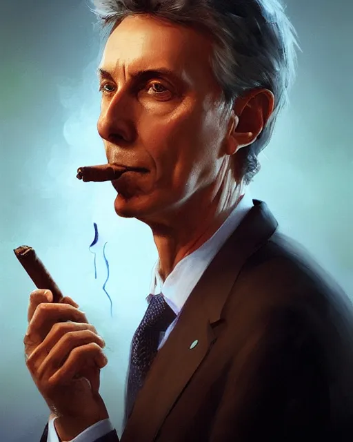 Image similar to Mauricio Macri smoking a cigar volumetric lighting, back lighting, rimlight, dramatic lighting, digital painting, highly detailed, artstation, sharp focus, illustration, Artgerm, Jean-Léon Gérôme , ruan jia