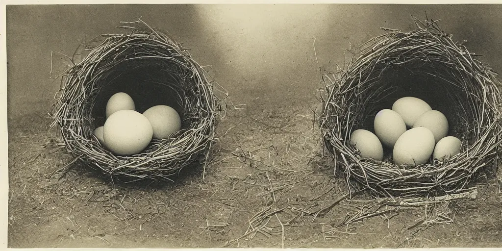 Prompt: very large cat guarding it's eggs, giant nest. Tiny business men. strange, photograph, 1850s