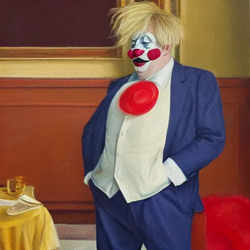 Image similar to a highly detailed fine art portrait of british prime minister boris john wearing a clown costume. in the style of edward hopper, richard hamilton and stanley kubrick.