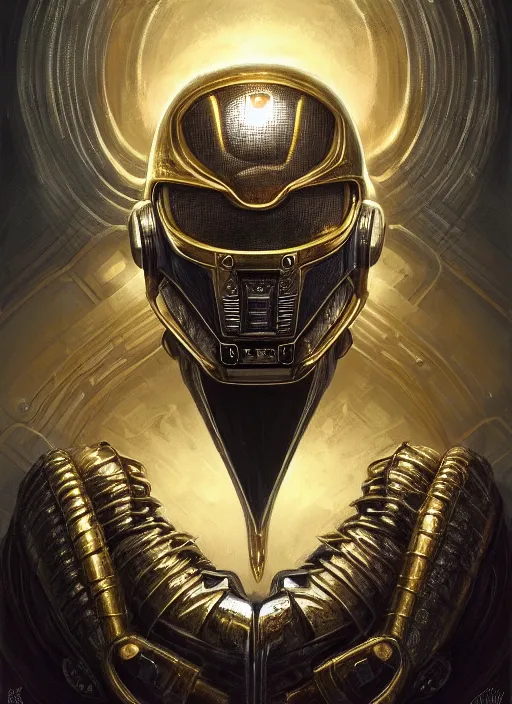 Image similar to dark lovecraft horror machine glowing daft punk eyes, gold and silver chrome armor, elegant, highly detailed, centered, digital painting, artstation, concept art, smooth, sharp focus, illustration, artgerm, tomasz alen kopera, peter mohrbacher, donato giancola, joseph christian leyendecker, wlop, frank frazetta