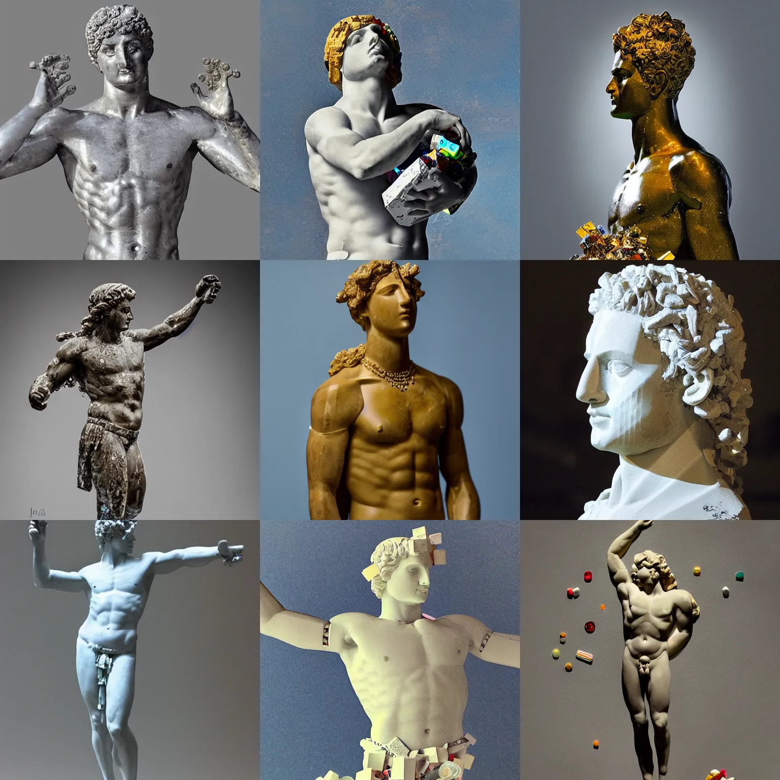 Prompt: “Apollo statue made of pieces of glass and candy, detailed but rough, 4k photo, great light and shadows”