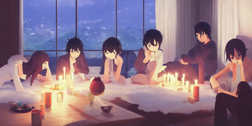 Prompt: a cozy party at midnight, modern indoors, bay area, candles, hot tub, friendship, art by makoto shinkai