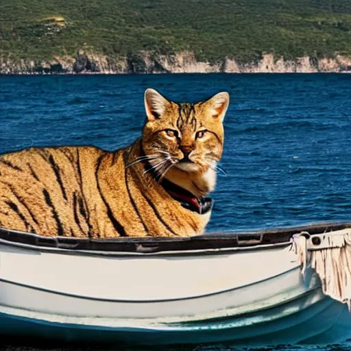 Prompt: A large cat on a small boat, cinematic, Funny, lots of detail, large island in the background out of focus,